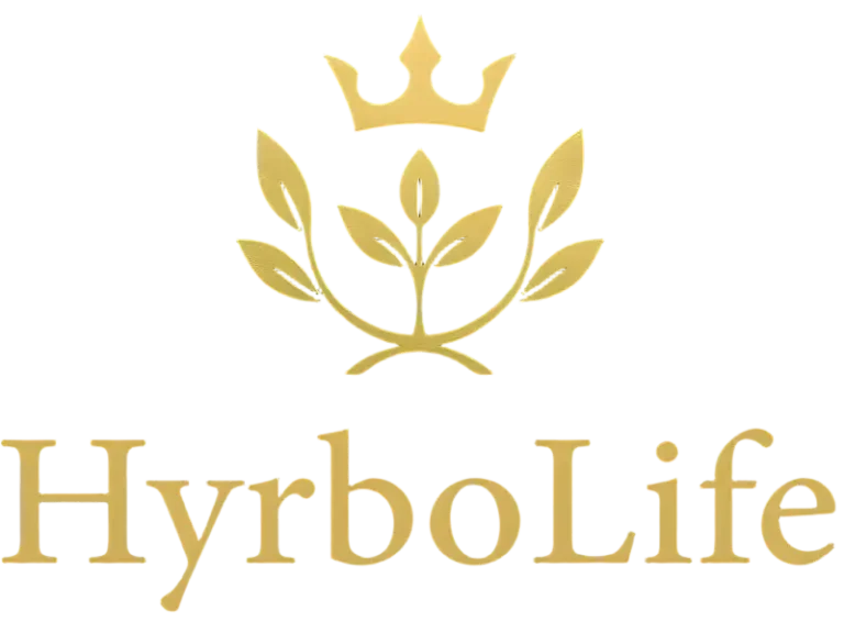 HyrboLife official transparent corporate logo with a gold crown and botanical leaf emblem.