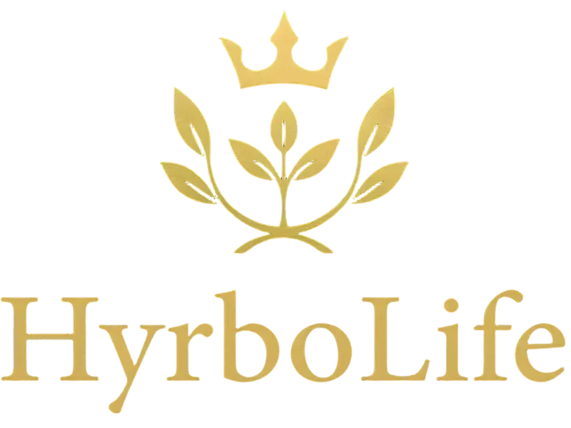 HyrboLife official transparent corporate logo with a gold crown and botanical leaf emblem.