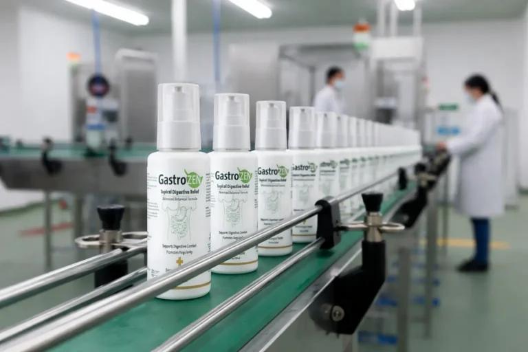 GastroZEN lotion bottles moving along a clean, automated manufacturing conveyor belt with lab technicians in white coats.