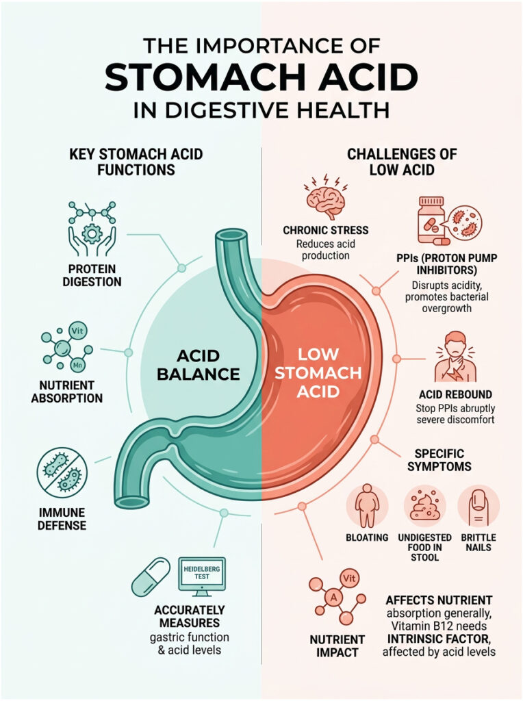 Infographic illustrating the importance of stomach acid in digestive health, comparing acid balance functions with challenges of low stomach acid.