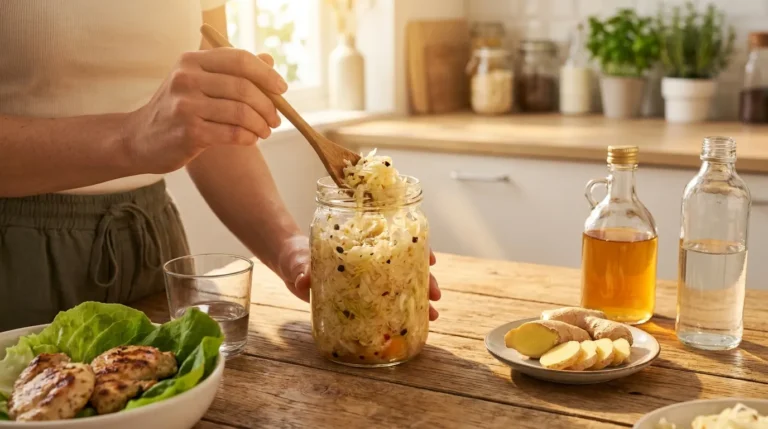 Alt Text: Close-up of a woman using a wooden spoon to scoop homemade sauerkraut from a glass jar, with fresh ginger slices, apple cider vinegar, a small glass of water, and a chicken breast salad arranged on a rustic wooden table under warm, natural light.